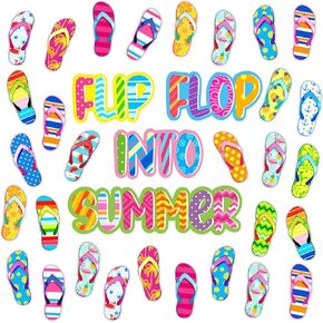 72 Pcs Summer Bulletin Board Set Flip Flop Accents Colorful Flip Flop Cutouts Summertime Decoration Set Hawaiian DIY Paper Cutout Teacher Supplies for Classroom School Home(Slippers Style)