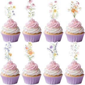 40 pcs wildflower party decorations, birthday cupcake toppers, wildflower cupcake toppers for bridal shower, 2025 Graduation Prom Party Cake Decorations Supplies