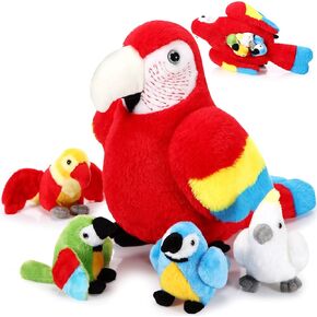 MeOoeck 5 PCS Macaw Parrot Plush set 13 inch Mommy Parrot Part Build with 4 Plush Baby في بطنها الناعم المحبوب للأطفال الصغار عيد ميلاد عيد ميلاد هاواي (سلسلة حمراء)