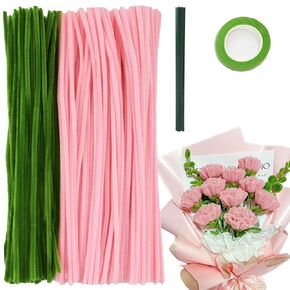 211PCS Pipe Cleaners Craft Flower Kit Bulk Thick Chenille Stems Fluffy Fuzzy Sticks Pack Pipe Craft Kits with Instructions, Floral Stem, Floral Tape, Hot Glue Sticks Carnation