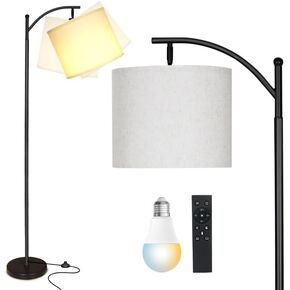 2025 LED Floor Lamps for Living Room, 12W 1200LM Modern Arc Floor Lamp with Remote & Adjustable Linen Lampshade, 12 Color Temperature Stepless Dimmable Tall Standing Lamp for Bedroom Office Reading