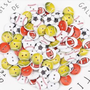100Pcs Wooden Buttons Round, Random Ball Sports Painting Sewing Football Baseball Soccer Volleyball Tennis Flatback Buttons for Knitting Scrapbooking DIY Embellishment