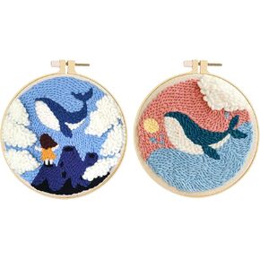 Huacan Punch Needle Embroidery Starter Kits for Adults Beginners 2 Pcs, Include Instructions, Punch Needle Fabric with Dolphin Pattern, Yarns, Embroidery Hoops and Threader Tools