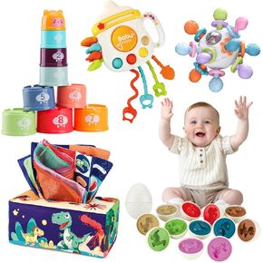 5 Pcs Baby Montessori Toys for 6 12 18 Months, Gift for 1 Year Old Boy Girl, Baby Tissue Box, Dino Matching Egg, Pull String Toy, Teething Toy, Stacking Cup