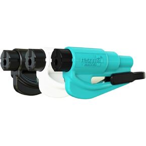 resqme Family Pack of 3 The Original Emergency Keychain Car Escape Tool, 2-in-1 Seatbelt Cutter and Window Breaker, Made in USA, Black, White, Teal - Compact Emergency Hammer