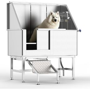 50" Pet Dog Bathing Station w/Stairs, Professional Stainless Steel Dog Grooming Tub w/Soap Box, Faucet,Rich Accessory, Dog Bathtub for Large,Medium,Small Pets, Washing Sink for Home