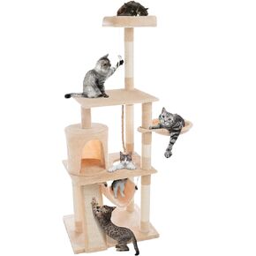 Tower Cat Deluxe Cat 4 مستويات - لوحة خدش كبيرة ، 6 وظائف خدش ، عثمان قشن ، كوخ شقة كيتي ، أرجوحة ولعب معلق