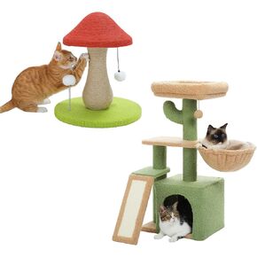 PETEPELA Cactus Cat Tree for Indoor Cats, 31.5'' Small Cat Tower Cat Condo with Sisal Scratching Ramp+Mushroom Cat Scratching Post, Cat Scratcher Cute with 100% Sisal Covered Scratching Post