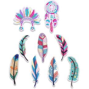 9PCS Leaf Feather Iron on Patches, Dreamcatcher Embroidered Applique, Indian Hat Iron oans Jacket Hats DIY Art Crafts