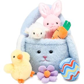 7 Piece Easter Rabbit Basket Eggs Playset Stuffed Rabbit Chick Lamb Toy Set for Kids Ages 3+ Easter Bunny Basket Plush Sensory Toys Soft Plush Toy for Easter Party Favors