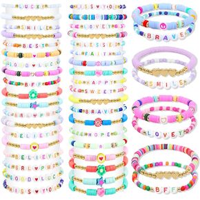 60 PCS سوار الصداقة الملونة ، أساور قابلة للتكديس مرنة لطيفة من الأساور المزينة بالأساور المسبقة للنساء هدية