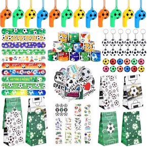 مجموعة 140 PC Soccer Party مجموعة: ملصقات ، أساور صفعة ، سلاسل المفاتيح ، الوشم ، ألعاب تململ ، صفارات ، حقائب معالجة مع ملصقات ختم للمراهقين والكبار لوازم الحفلات تحت عنوان