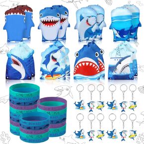 Talltalk 48 PCS Shark Party Supplies Blue Ocean Pool Party مع 16 PCS SHARK PARTSRING BACS GOODIE BACS 16 Shark Wristband 16 SHARK KEYCAIN