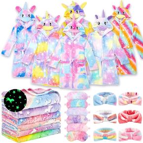 24 PCS Sleepover Party for Little Girls ، 6 Unicorn Bathrobe 6 Glow in the Dark Unicorn Blant