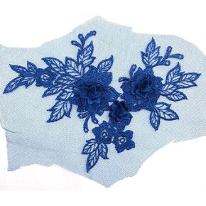 PEPPERLONELY 2PC 3D Blue Flower Embroidered Lace Appliques Handmade Wedding Dress Decoration DIY Sewing Craft, 19 x 15cm