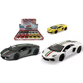 KiNSMART Lamborghini Aventador LP700-4 Die Cast Model Cars, 1:38 Scale, Set of 4, Pull Back Action, Red Yellow Grey White with Race Strips