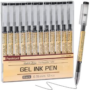 Quick Dry Black Gel Roller Pens, Japanese Style, 0.35mm Extra Fine Point, Precise and smooth writing, 12-Count Pack