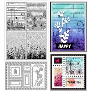 GLOBLELAND Vintage Leaves Texture Clear Stamps and Metal Die Cuts Fern Leaves Background Transparent Stamp Wildflowers Dandelions Cutting Dies for Card Making Embossing Scrapbooking