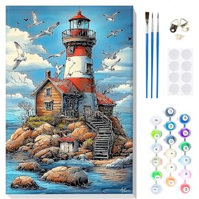 Mogtaa Lighthouse Paint by Number Kit للمبتدئين في المبتدئين ، وطلاء البالغين من أرقام الأرقام على القماش ، وأطقم الطلاء من سهلة للبالغين ، وأطقم الطلاء الزيتية للهوس DIY للديكور المنزلي ، 8x12in