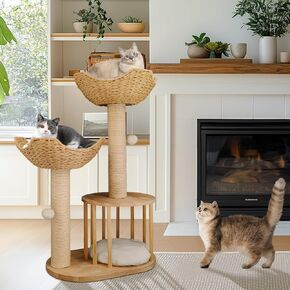 Bingopaw Indoor Modern Cat Tree: 39 بوصة برج القطط الكبير مصنوع من الخشب مع قاعدة قوية وحبل Simsal Scratcher - جثم تسلق طويل القامة مع شقة خشبية خوسيتين ودوقة لعبة