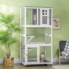 74 بوصة Catio Catio Outdoor Cat العلبة مع 2 من منصتين للقفز وغرفة استراحة واحدة ، منزل كيتي-منزل القطط مع مانعة للتسلية وعجل