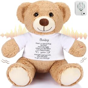 12 Inch Bear Stuffed Animal with Voice Recorder Soft Plush Bear White Clothes Hug Sign with Zipper Memorial Voice Recording Gifts for Boy Girl Birthday Baby Shower Decoration