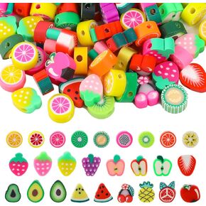 100 Pieces Cute Fruit Polymer Clay Beads, Assorted Style Fun Fruit Mixed Spacer Clay Charm Beads for DIY Necklace Earrings Bracelet Jewelry Crafts Making Supplies