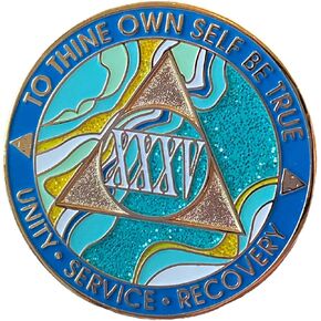 35 Year AA Medallion Elegant Marble Caribbean Aqua Glitter Gold Sobriety Chip