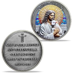 يسوع المسيح مع عملة التحدي الضأن ، رمز الصلاة المسيحية مع مزمور الفضة العتيقة 46: 1 العملات الدينية