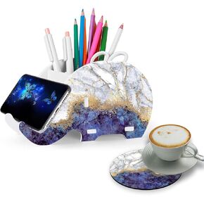 Elephant Pencil Holder with Phone Stand and Coaster,MultiFunction Removable Organizers with Phone Stand Office Accessories Desk Decoration for Home Office - Purple Marble