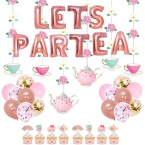 زخارف حفلة شاي Jopary مع Let's Par Tea Aluminium Baloons Foil Party Ploral Tea Party معلقة بالونكس البالونات اللاتكس وأقداح الشاي أقطار كب كيك للسماح بزخارف Par-Tea Party