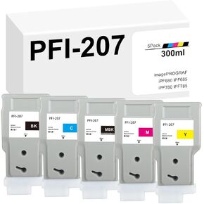 PFI-207 Ink Tank 300ml (5 Pack) PFI 207 Ink Replacement for Canon PFI-207 Color Bundle PFI-207MBK PFI-207BK PFI-207C PFI-207M PFI-207Y Ink Cartridge for imagePROGRAF iPF680 iPF685 iPF780 iPF785