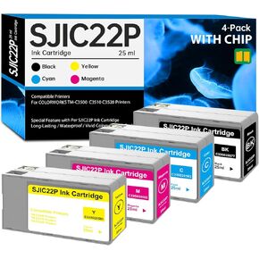 Remanufactured 4 Pack SJIC22P Ink Cartridge with Chip Replacement for SJIC22P C33S020577 C33S020581 C33S020582 C33S020583 Ink for ColorWorks TM-C3500 TM-C3510 TM-C3520 Printer Ink, 4-Pack TM-C3500 Ink
