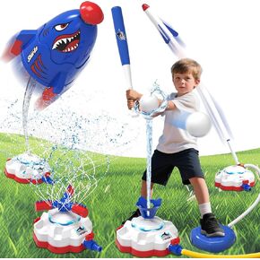 4-in-1 Sprinkler Baseball Toy for Kids ، Water Rocket Sprinkler Shurning Toys for Yard ، 4 Baseballs & Rocket Launcher خارج هدايا لعبة Lawn Pool Summer للبنين الذين تتراوح أعمارهم بين 3-8-12 (Blue)