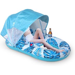 Pool Floats Thick Durable: Pool Float with Canopy UPF50+, Fast Inflation, Cup Holder & Foot Rest - Pool Floats Adult for Swimming Pool, Beach Party Toys