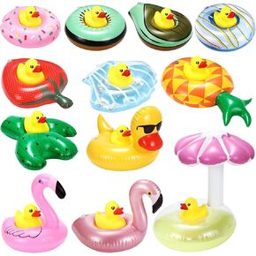 ShinyRelief 12 Sets Inflatable Drink Holders Inflatable Cup Pool Floats Coasters with Yellow Rubber Ducks for Swimming Pool Party