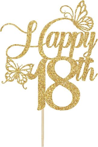 Happy 18th Cake Topper, 18th Birthday Cake Decorations, Sweet 18, Butterfly 18 Cake Topper, Happy 18th Birthday Party Decorations (Gold Glitter) in Saudi Arabia