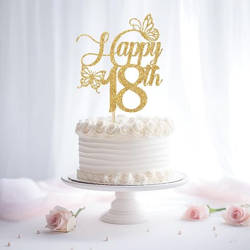 Happy 18th Cake Topper, 18th Birthday Cake Decorations, Sweet 18, Butterfly 18 Cake Topper, Happy 18th Birthday Party Decorations (Gold Glitter) in Saudi Arabia