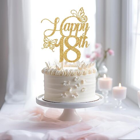 Happy 18th Cake Topper, 18th Birthday Cake Decorations, Sweet 18, Butterfly 18 Cake Topper, Happy 18th Birthday Party Decorations (Gold Glitter) in Saudi Arabia