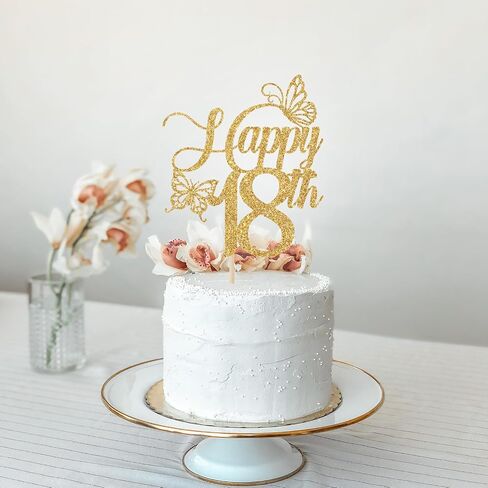 Happy 18th Cake Topper, 18th Birthday Cake Decorations, Sweet 18, Butterfly 18 Cake Topper, Happy 18th Birthday Party Decorations (Gold Glitter) in Saudi Arabia