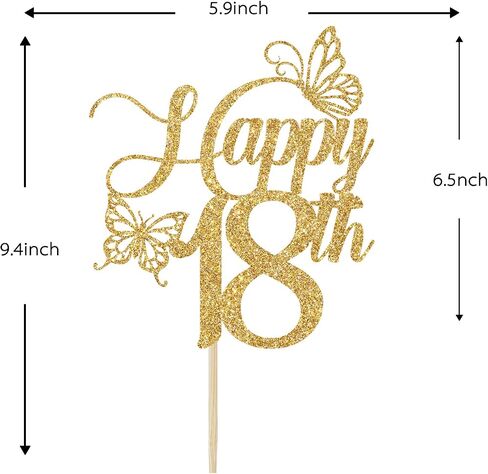 Happy 18th Cake Topper, 18th Birthday Cake Decorations, Sweet 18, Butterfly 18 Cake Topper, Happy 18th Birthday Party Decorations (Gold Glitter) in Saudi Arabia