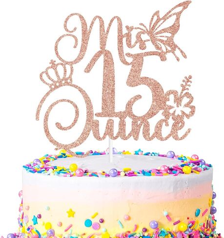 Glittery Mis Quince 15 Cake Topper, Mis 15 Años Cake Decor, Cheers to 15 Years, Happy 15th Birthday Party Decorations for Girls (Gold) in Saudi Arabia