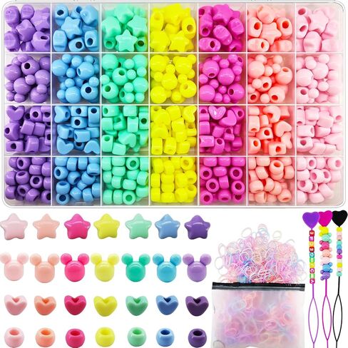1605 Pcs Hair Beads for Braids for Girls with Elastic Rubber Band Threaders Kit, Candy Color Acrylic Mickey Heart Star Alphabet Cube Beads Pastel Pony Beads Cube Kandi Beads for Hair Jewelry Making in Kuwait