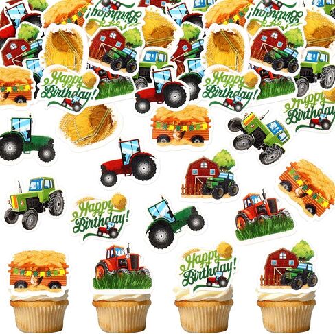 Ercadio 24 PCS Double -Side Tractor Cupcake Toppers - Boy's Birth's Cupcake Topcake - Farm Party Decoration - Scracter موضوع الحفلة لوازم الحفلات in Kuwait