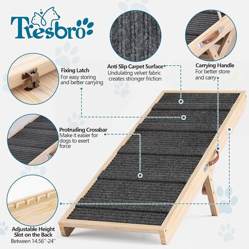 Tresbro Dog Ramp for Couch, 40'' Long Dog Ramps with Adjustable 11'' to 20.47'' Height, Portable Dog Ramp with Anti-Slip Carpet & Carrying Handle Holds up to 150LBS for Small Dogs to Get on Sofa in Kuwait