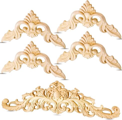 Decorative Wood Onlays and Appliques for Furniture - DIY Carved Trim Appliques for Bed, Door, Cabinet, Wardrobe - 15.7 x 4.3 inch, 4.72 x 4.72 inch (5 Pieces) in Saudi Arabia