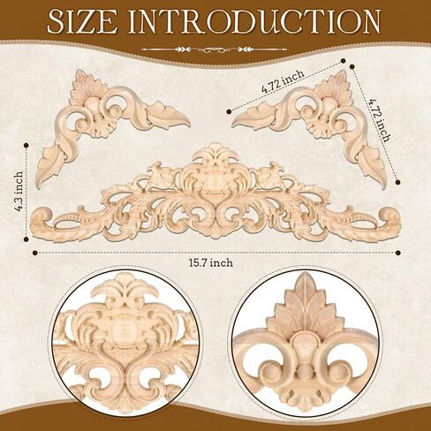 Decorative Wood Onlays and Appliques for Furniture - DIY Carved Trim Appliques for Bed, Door, Cabinet, Wardrobe - 15.7 x 4.3 inch, 4.72 x 4.72 inch (5 Pieces) in Saudi Arabia