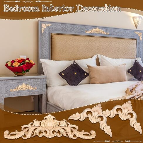 Decorative Wood Onlays and Appliques for Furniture - DIY Carved Trim Appliques for Bed, Door, Cabinet, Wardrobe - 15.7 x 4.3 inch, 4.72 x 4.72 inch (5 Pieces) in Saudi Arabia