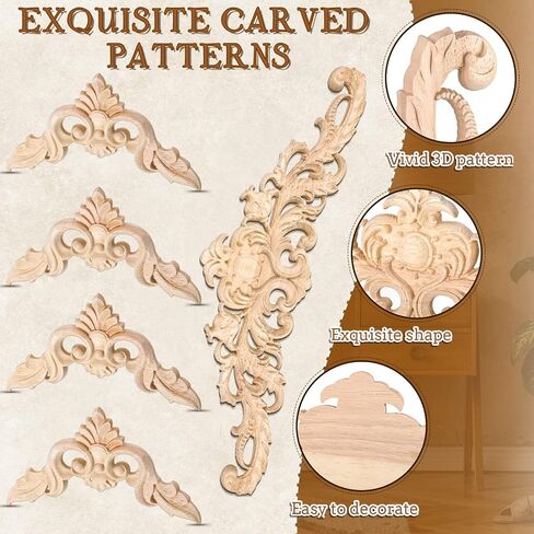 Decorative Wood Onlays and Appliques for Furniture - DIY Carved Trim Appliques for Bed, Door, Cabinet, Wardrobe - 15.7 x 4.3 inch, 4.72 x 4.72 inch (5 Pieces) in Saudi Arabia
