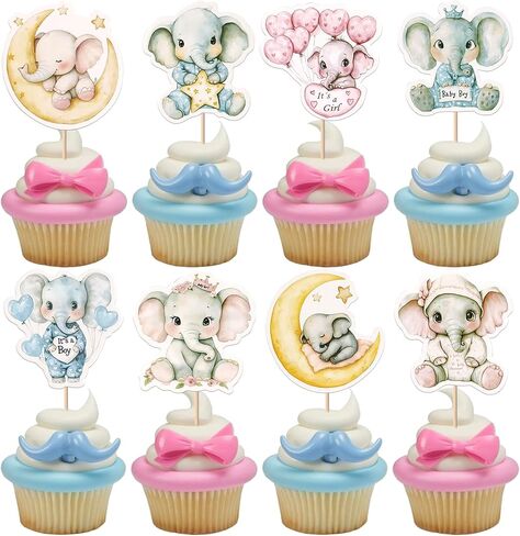 Rsstarxi 40 Pack Baby Elephant Cupcake Toppers Balloon Star Moon Cupcake Picks Pink or Blue Cake Decorations for Gender Reveal Theme Baby Shower Kids Birthay Party Cake Supplies in Saudi Arabia